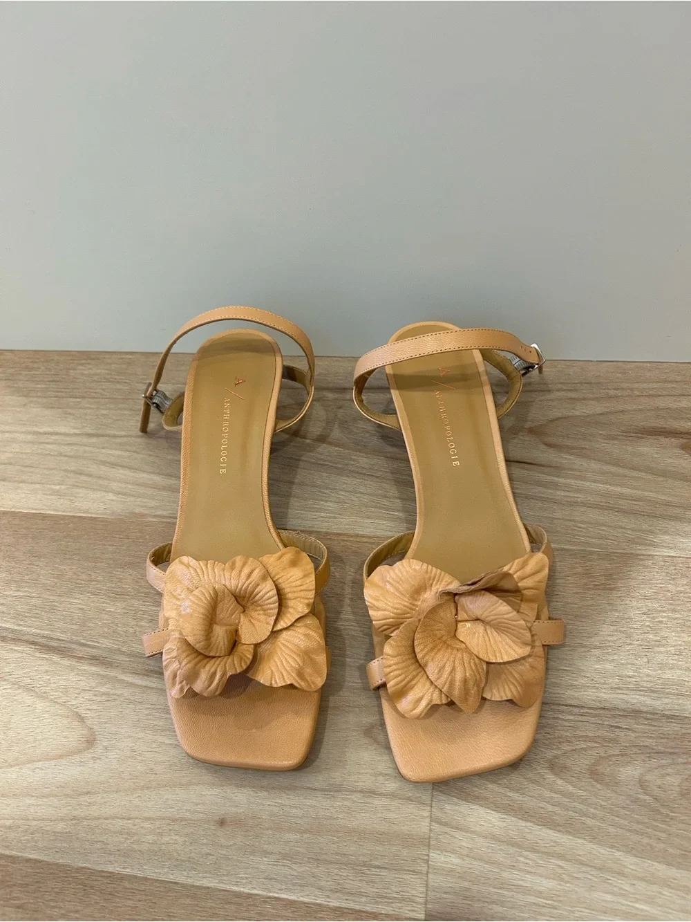 Anthropologie Tan Floral-Leather Ankle Strap Sandals